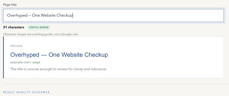 Overhyped Title Tag Length Checker with character guidance and a search-result example