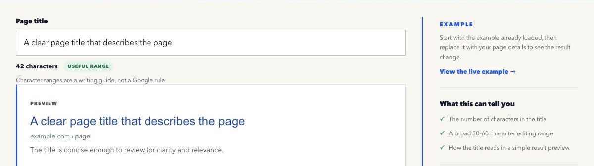 Overhyped Title Tag Length Checker with character guidance and a search-result example