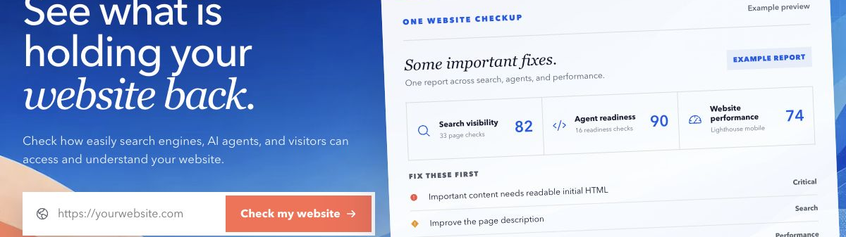 Overhyped One Website Checkup showing search, agent readiness, and performance evidence
