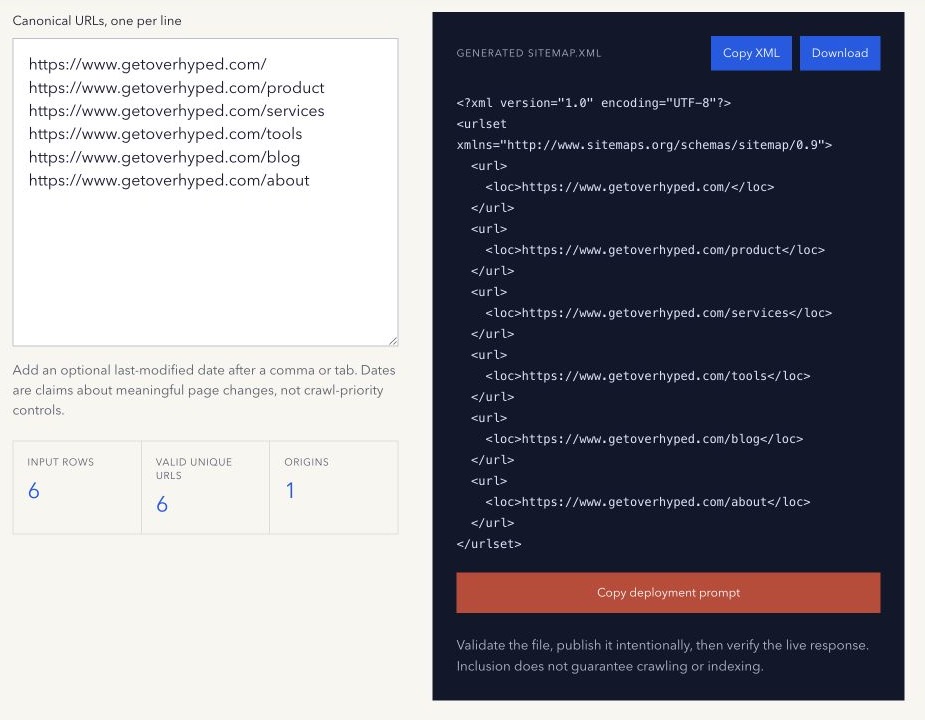 XML Sitemap Generator showing selected Overhyped canonical URLs beside generated sitemap XML and deployment guidance